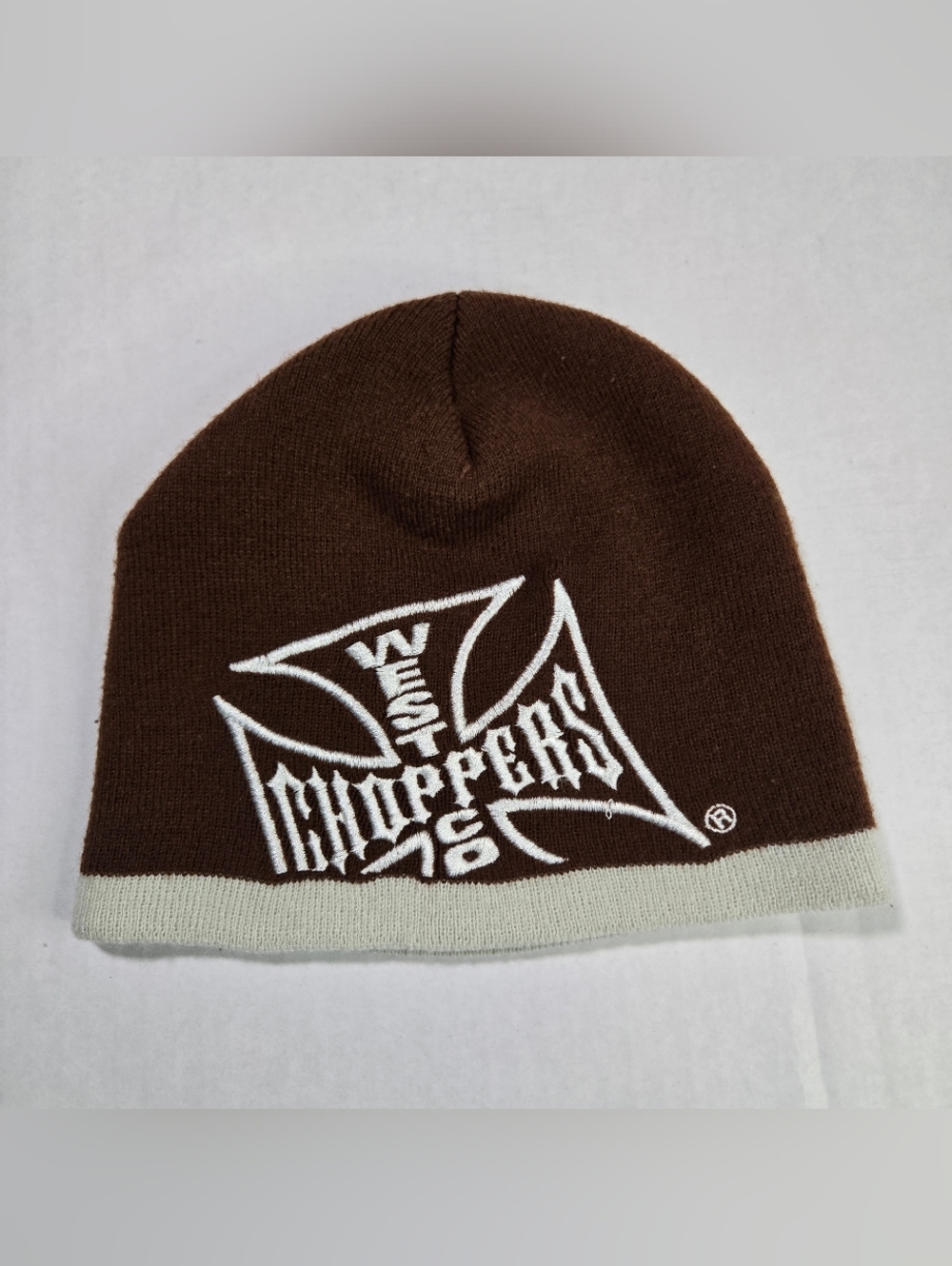 West Coast Choppers Beanie Hat Cap Cross Script Graphic Brown Biker Knit